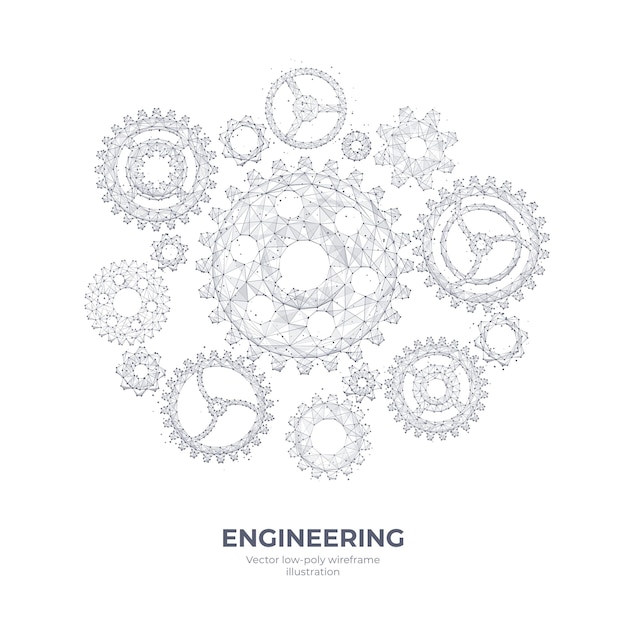 Engranajes 3d vectoriales abstractos aislados en fondo blanco Cogs y mecanismos de rueda dentada estructura alámbrica