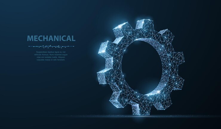 Engranajes Abstracto marco de alambre vectorial de dos engranajes ilustración moderna en 3D en fondo azul oscuro