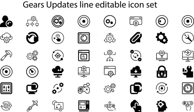 Engranajes Actualizaciones de línea conjunto de iconos editables Contiene actualización de engranajes sistema de herramientas de control Editable stro
