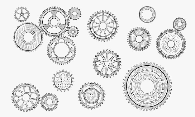 Engranajes antiguos dibujados a mano rueda dentada dibujo del mecanismo de la industria Ilustración vectorial