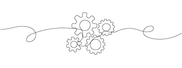 Engranajes dinámicos una línea continua editable engranajes móviles circulares conceptos de colaboración empresarial