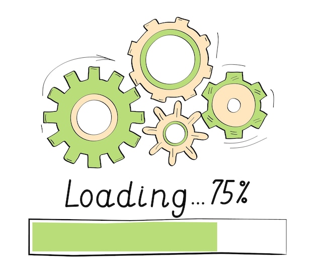 Vector los engranajes giran cargando el estilo vectorial de la barra de progreso en estilo garabato cargar la barra de progreso para el estado de carga de la interfaz de usuario o descargar el proceso de ronda
