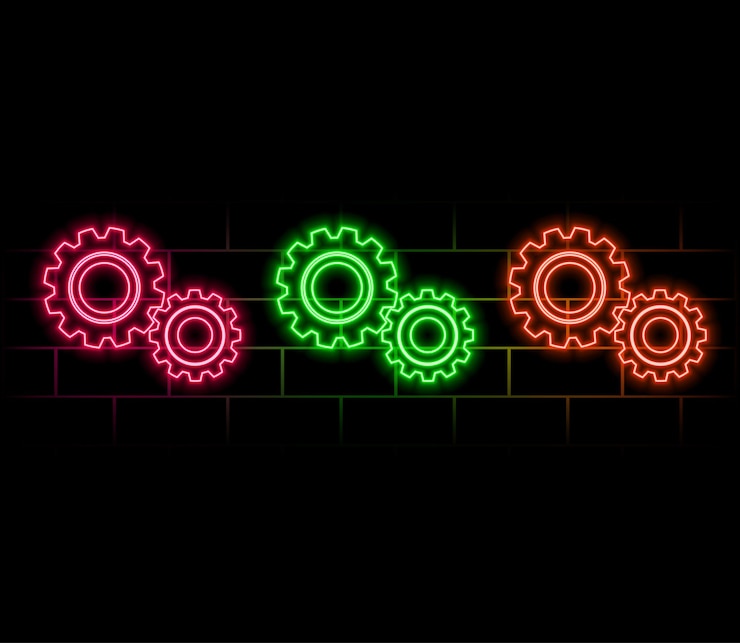 Vector engranajes con luces de neón azul futurista brillantes en fondo negro ilustración de renderización 3d