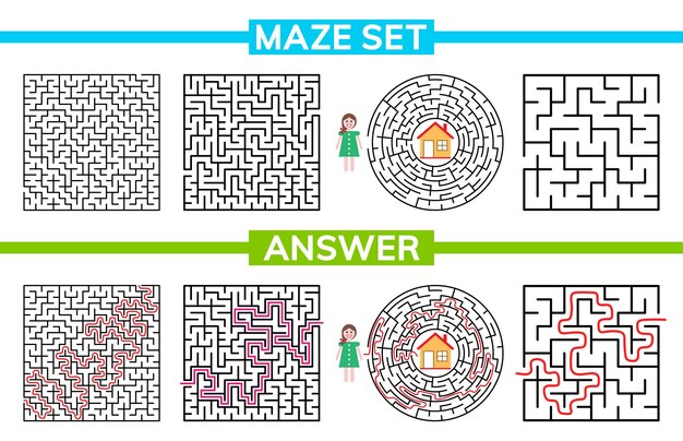 Enigma de laberinto de laberinto para niños Entrada y salida Colección de laberinto de laberinto Juego de rompecabezas para niños Ilustración de stock vectorial