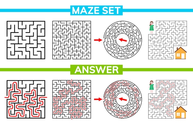 Vector enigma de laberinto de laberinto para niños entrada y salida colección de laberinto de laberinto juego de rompecabezas para niños ilustración de stock vectorial