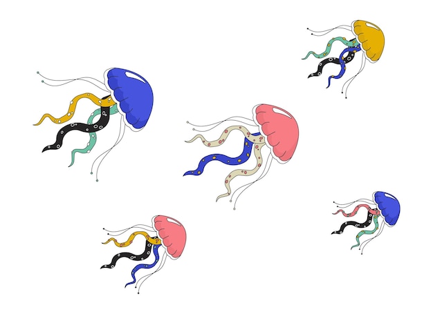 Enjambre de medusas nadando juntas objeto de dibujos animados lineal 2D Grupo de medusas medusas flotantes elemento vectorial de línea aislada fondo blanco criaturas marinas bajo el agua ilustración de manchas planas de color