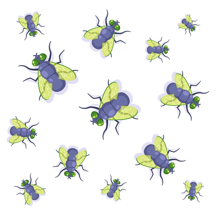 Vector enjambre de moscas verdes sobre un fondo blanco. portadores naturales de infección.