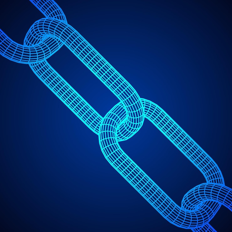 Vector enlaces wireframe blockchain. cadena 3d ilustración vectorial