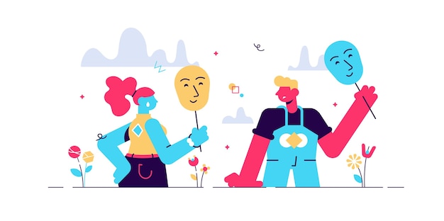 Enmascaramiento del concepto de sentimientos verdaderos, ilustración de pareja de personas pequeñas planas. Expresiones faciales en la comunicación relacional. Identidad social falsa y ocultación de rasgos de personalidad interior. Mascarada humana.