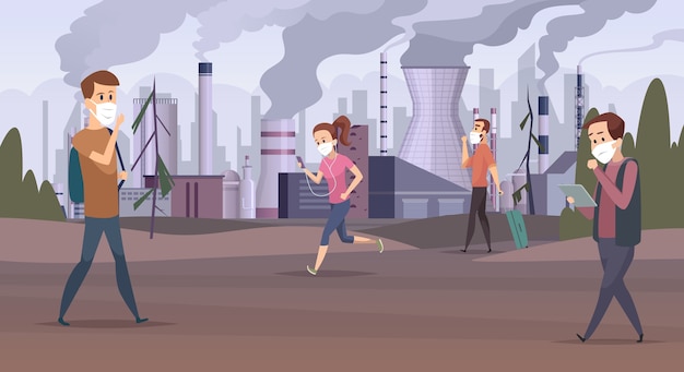 Enmascarar la contaminación. smog en la fábrica urbana de la ciudad gente triste en vector de mal ambiente de máscara. ilustración ciudad de contaminación de smog, humo de aire