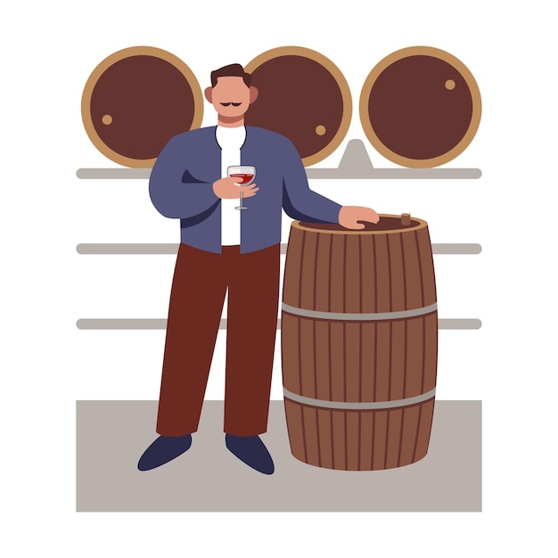 El enólogo se encuentra cerca de los barriles de vino y prueba la bebida Industria de producción de vino