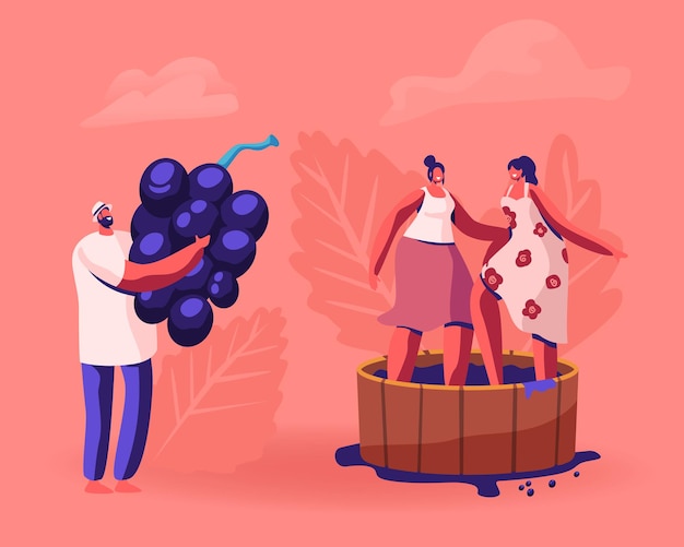 Vector enólogo sosteniendo enormes uvas de vino recién recogidas, cosechando en viñedo. ilustración plana de dibujos animados