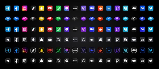 Enorme colección de ilustraciones de logotipos de redes sociales y mensajeros populares Conjunto editorial realista en varios estilos Botones cuadrados coloridos con esquinas redondeadas Elemento web Aplicaciones móviles