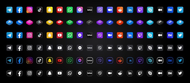 Enorme colección de ilustraciones de logotipos de redes sociales y mensajeros populares conjunto editorial realista en varios estilos botones cuadrados coloridos con esquinas redondeadas elemento web aplicaciones móviles