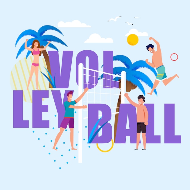 Vector enormes cartas de voleibol y gente feliz de dibujos animados. hombres y mujeres satisfechos en trajes de baño disfrutando de un juego en la playa