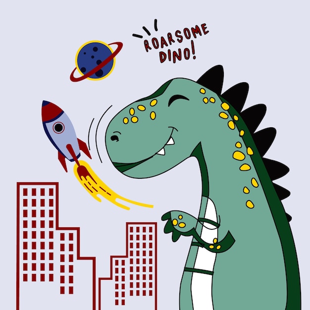 Vector enormes dinosaurios en acción en el medio de la ciudad diseño de dibujos animados ilustración vectorial para imprimir