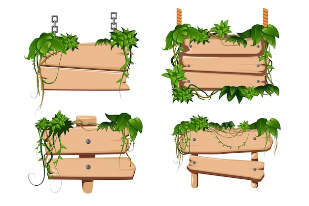 Las enredaderas de liana entrelazadas tropicales se tuercen alrededor de los tableros de letreros de madera de dibujos animados clásicos establecidos aislados