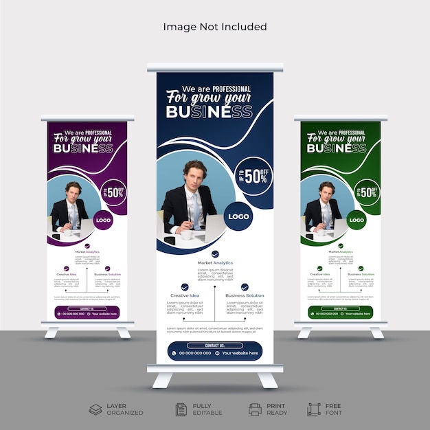 Enrolla la plantilla de banner standee con formas e ideas creativas