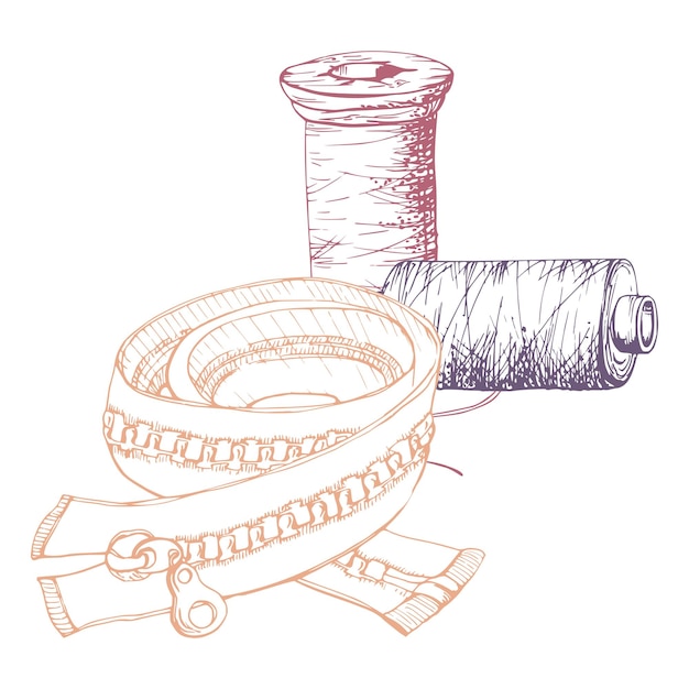 Enroscos de hilo de madera bobinas de ropa cremallera tinta dibujada a mano ilustración vectorial suministros de artesanía de costura