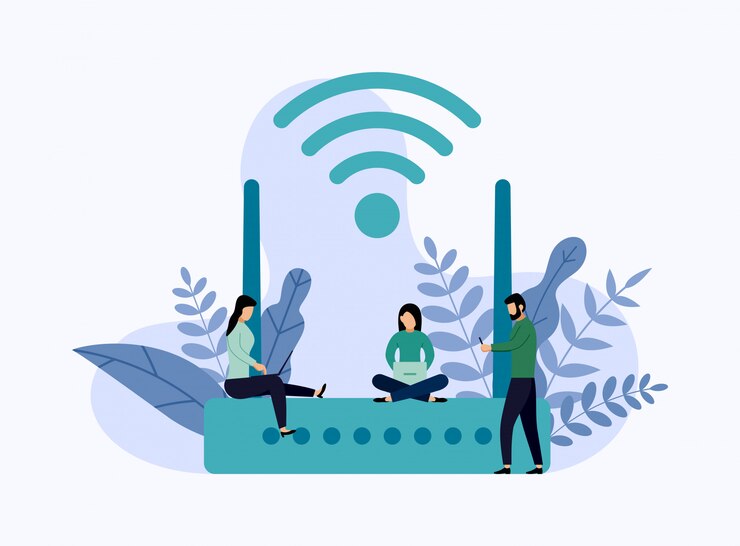 Vector enrutador inalámbrico de módem ethernet con caracteres, ilustración de vector de concepto de negocio