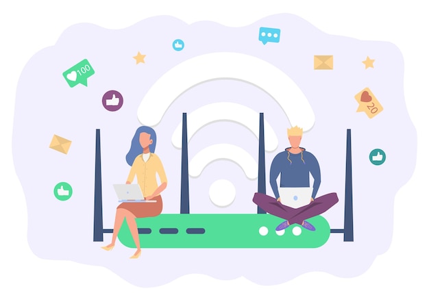 Enrutador de internet inalámbrico módem WiFi conexión colorida ilustración vectorial