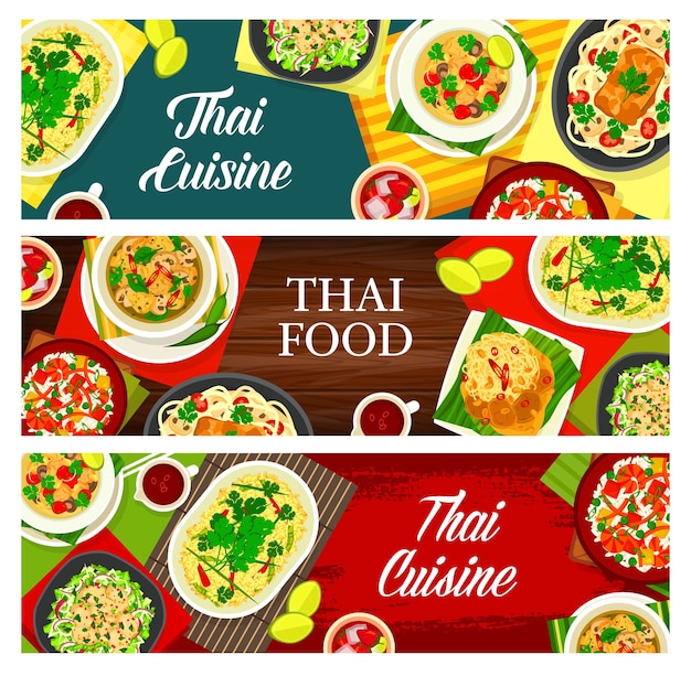 Ensalada de calamar de vector de cocina tailandesa yam pra muek, té de limoncillo, arroz frito con camarones khao phad kung. Pescado al curry de coco, fideos con satay de cerdo y salsa de maní, sopa de pollo tom kha gai comidas
