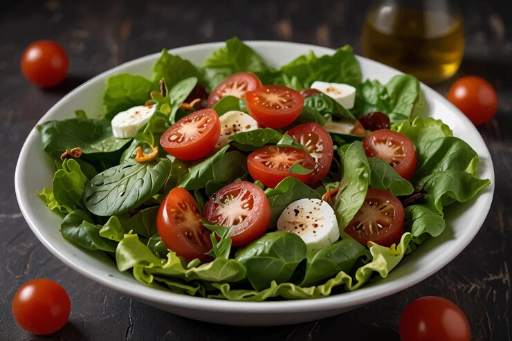 Vector ensalada de caprese italiana fresca con tomate rojo hoja verde albahaca queso mozzarella en una ficha de piedra oscura