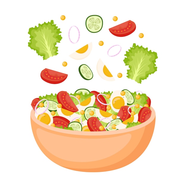 Ensalada casera de verduras frescas y huevos comida saludable comida vegetariana ilustración vectorial