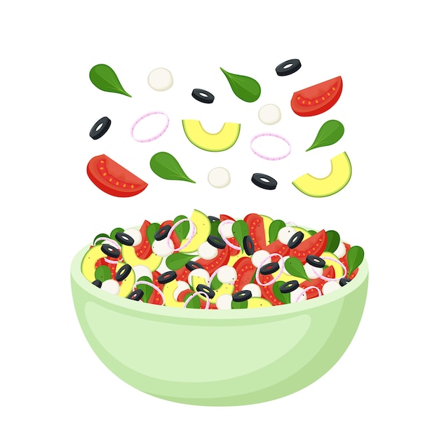 Vector ensalada casera de verduras frescas verdes aguacate mozzarella y aceitunas comida saludable comida vegetariana ilustración vectorial