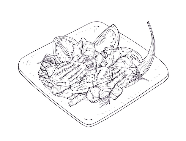 Ensalada César en placa dibujada a mano con curvas de nivel sobre fondo blanco. Deliciosa comida de restaurante hecha de pollo, hojas de lechuga, verduras frescas y picatostes. Ilustración vectorial realista.