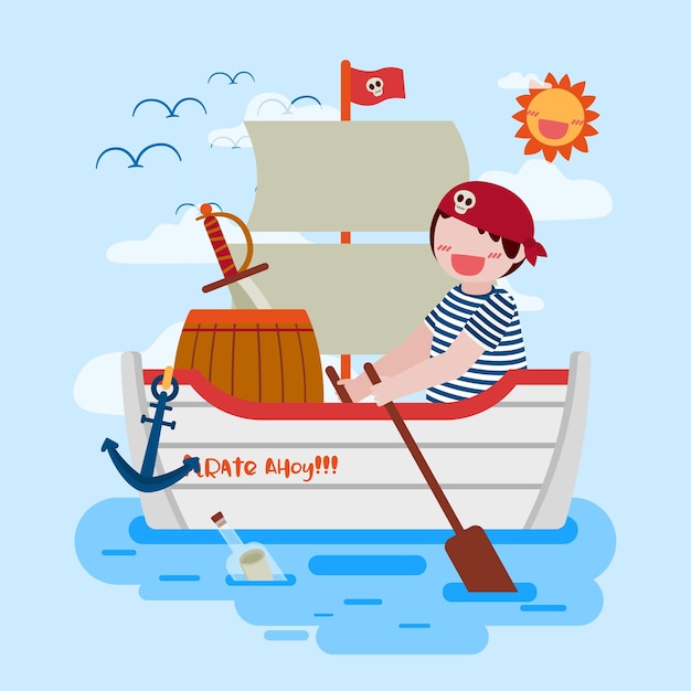 Ensalada chico navegando en barco pirata en el mar, dibujando en la ilustración de vector plano de estilo de personaje de dibujos animados