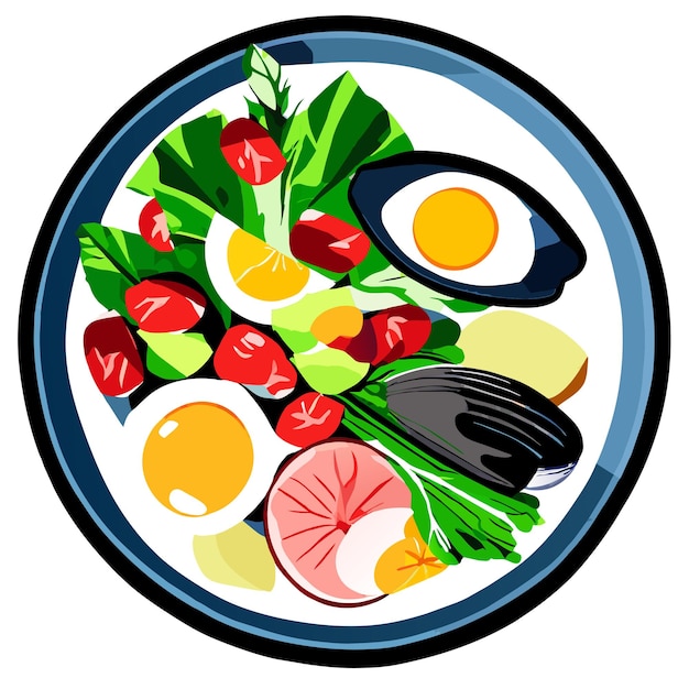 Vector ensalada dietética con mejillones, codornices, huevos, pepinos, rábano y lechuga, comida saludable en un plato.