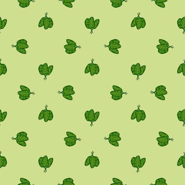 Ensalada de espinacas de manojo de patrones sin fisuras sobre fondo verde claro. adorno minimalista con lechuga.