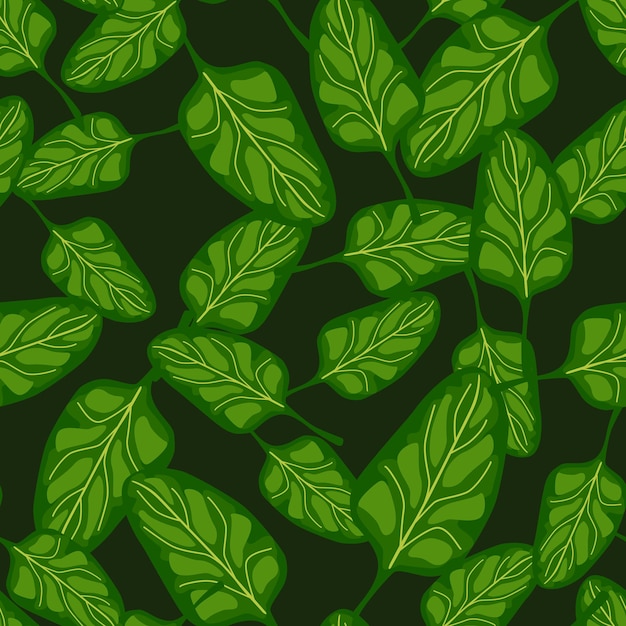 Ensalada de espinacas de patrones sin fisuras sobre fondo oscuro. Adorno moderno con lechuga. Plantilla de planta aleatoria para tela. Ilustración de vector de diseño.