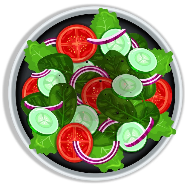 Vector ensalada de espinacas con tomates, pepinos, cebollas y lechuga, vista superior, ilustración vectorial