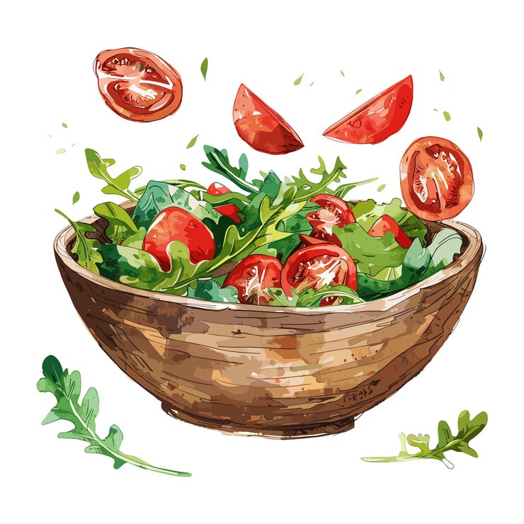 Vector ensalada fresca con tomates en un cuenco de madera ilustración de comida saludable