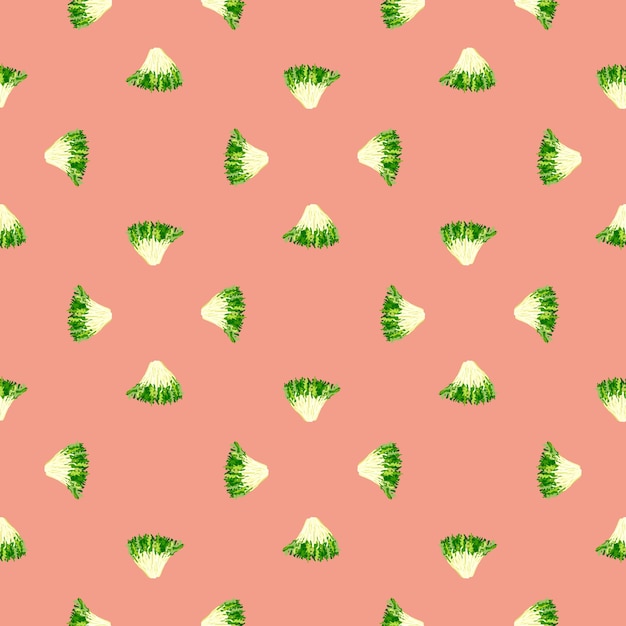 Ensalada de frisee de patrones sin fisuras sobre fondo rosa pastel. Adorno minimalista con lechuga. Plantilla de planta geométrica para tela. Ilustración de vector de diseño.