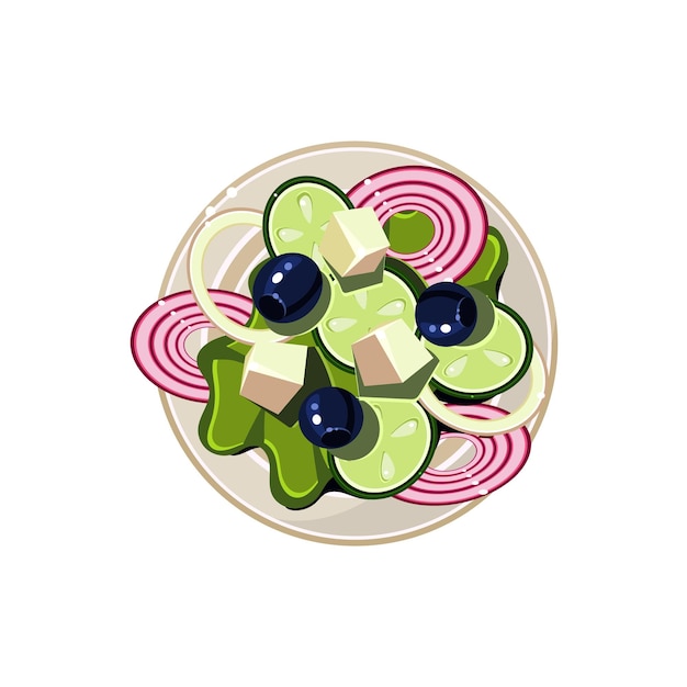 Vector ensalada griega con verduras y requesón comida servida. ilustración vectorial colorida