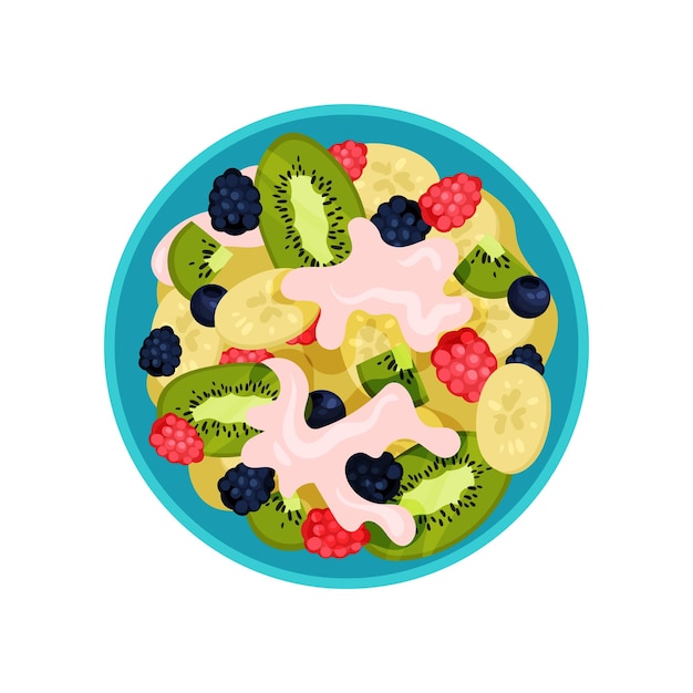 Ensalada hecha de kiwi, plátano, bayas maduras y yogur en un tazón azul, vista superior, delicioso plato de frutas, alimentación saludable, comida para el desayuno, colorido icono vectorial en estilo plano aislado en fondo blanco