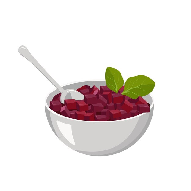 Ensalada de remolacha cortada en cubitos con hojas en un tazón y con cuchara. Cocinar deliciosa comida sana con hojas de espinacas. Ilustración plana vectorial