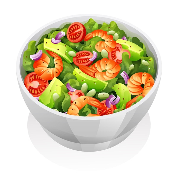 Vector ensalada saludable con gambas, aguacate y verduras frescas ilustración vectorial