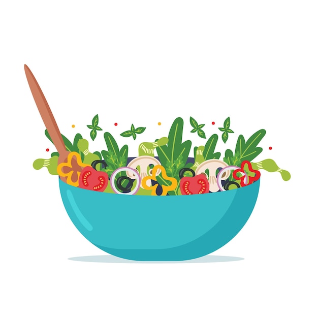 Ensalada vegana casera con cuchara dentro. Plato vegetariano. Ilustración vectorial plana
