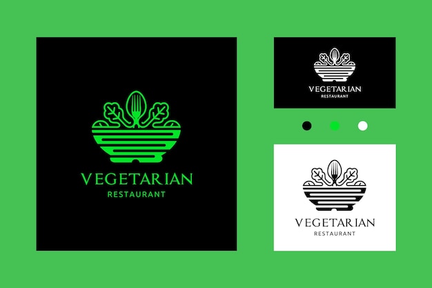 Ensalada vegetariana en el icono del logotipo del tazón con cuchara y tenedor comida saludable ilustración vectorial moderna