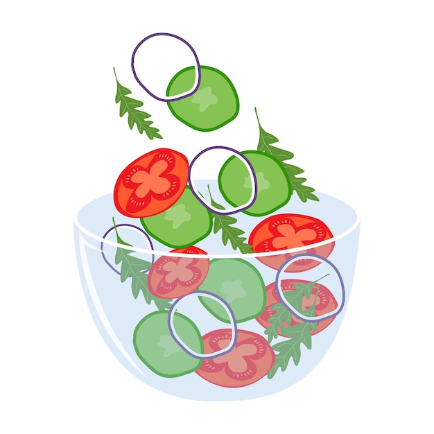 Ensalada vegetariana con verduras frescas tomates pepino lechuga cebolla ilustración vectorial