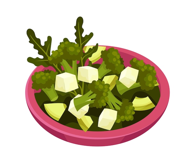 Vector ensalada verde servida en un tazón profundo con verdura y queso blando ilustración vectorial codicia ingredientes orgánicos en el concepto de preparación de ensalada