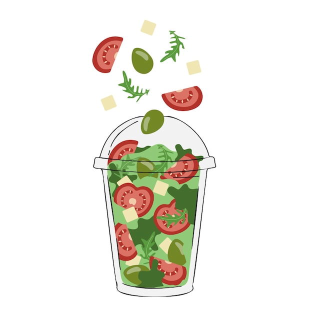 Ensalada verde de verduras frescas en una taza de ensalada transparente sobre un fondo blanco.