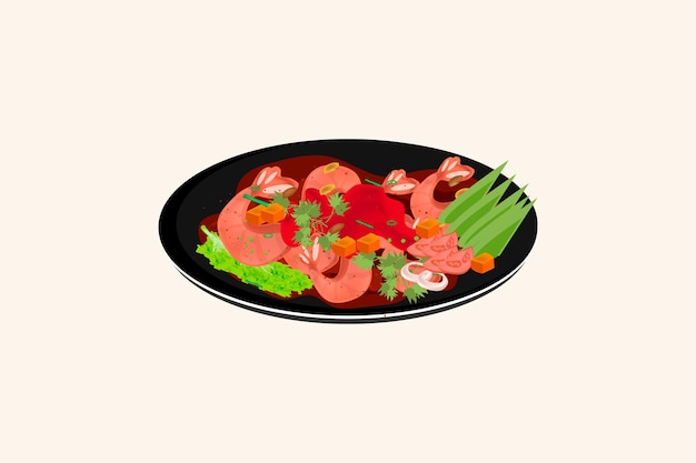Ensalada de verduras con camarones fritos en un tazón de diseño de alimentos saludables