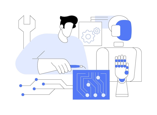El ensamblaje de electrónica robótica aislado ilustraciones vectoriales de dibujos animados el hombre se ocupa de la construcción de robots