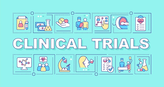 Ensayos clínicos conceptos de palabras bandera azul Programa de investigación médica Infografías con iconos sobre fondo de color Tipografía aislada Ilustración vectorial con texto Fuente ArialBlack utilizada