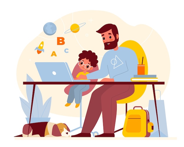 Enseñanza en casa El padre ayuda al hijo con la tarea padre con el niño en la mesa de la computadora niños educación en línea niño pequeño con papá aprendiendo a explicar el escritorio de la lección con el concepto de dibujos animados de vector de computadora portátil